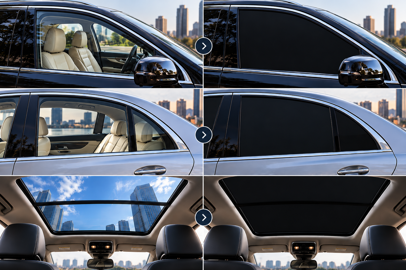 Car side glass and sunroof, clear and dark